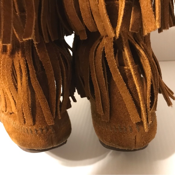 Moccasin brown suede layer tiered fringe boots women fits size 9 - Picture 7 of 11